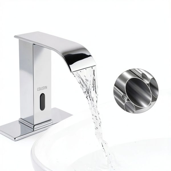 Automatic Sensor Touchless Bathroom Faucet, Modern Chrome Bathroom Faucet for Sink 1 Hole, Waterfall Single Hole Bathroom Sink Faucet Stainless Steel, Hands Free Motion Sensor Lavatory Faucet-3