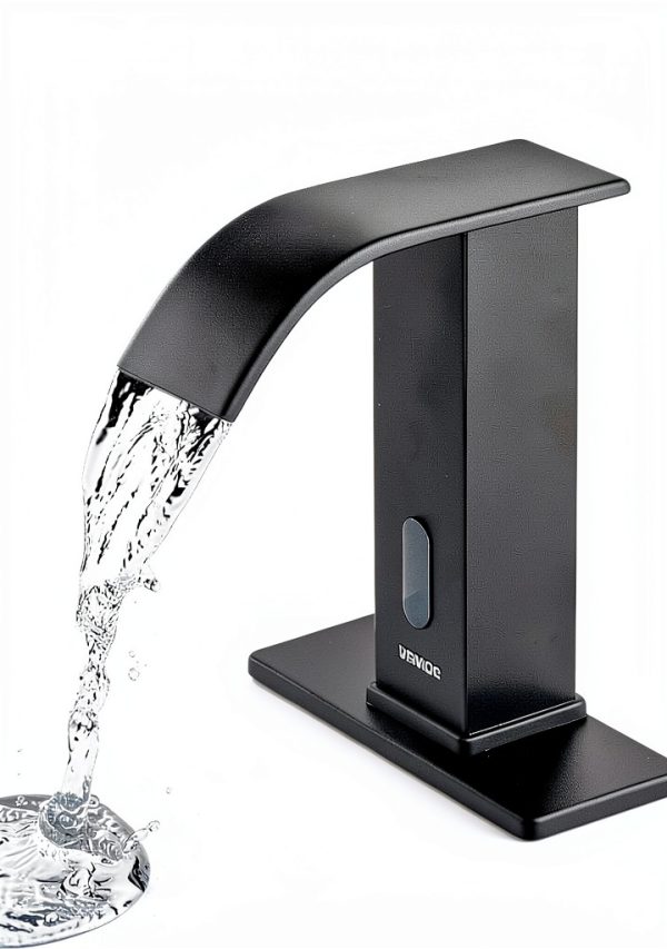 VEVOR Touchless Bathroom Sink Faucet, Automatic Motion Sensor Waterfall Restroom Toilet Faucet with Hole Cover Plate, Battery Operated,Hot/Cold Water for 9/16 in Pipe Commercial Lavatory,Matte Black-1